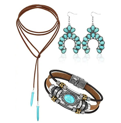 Ethnic Style Geometric Water Droplets Turquoise Metal Earrings Necklace