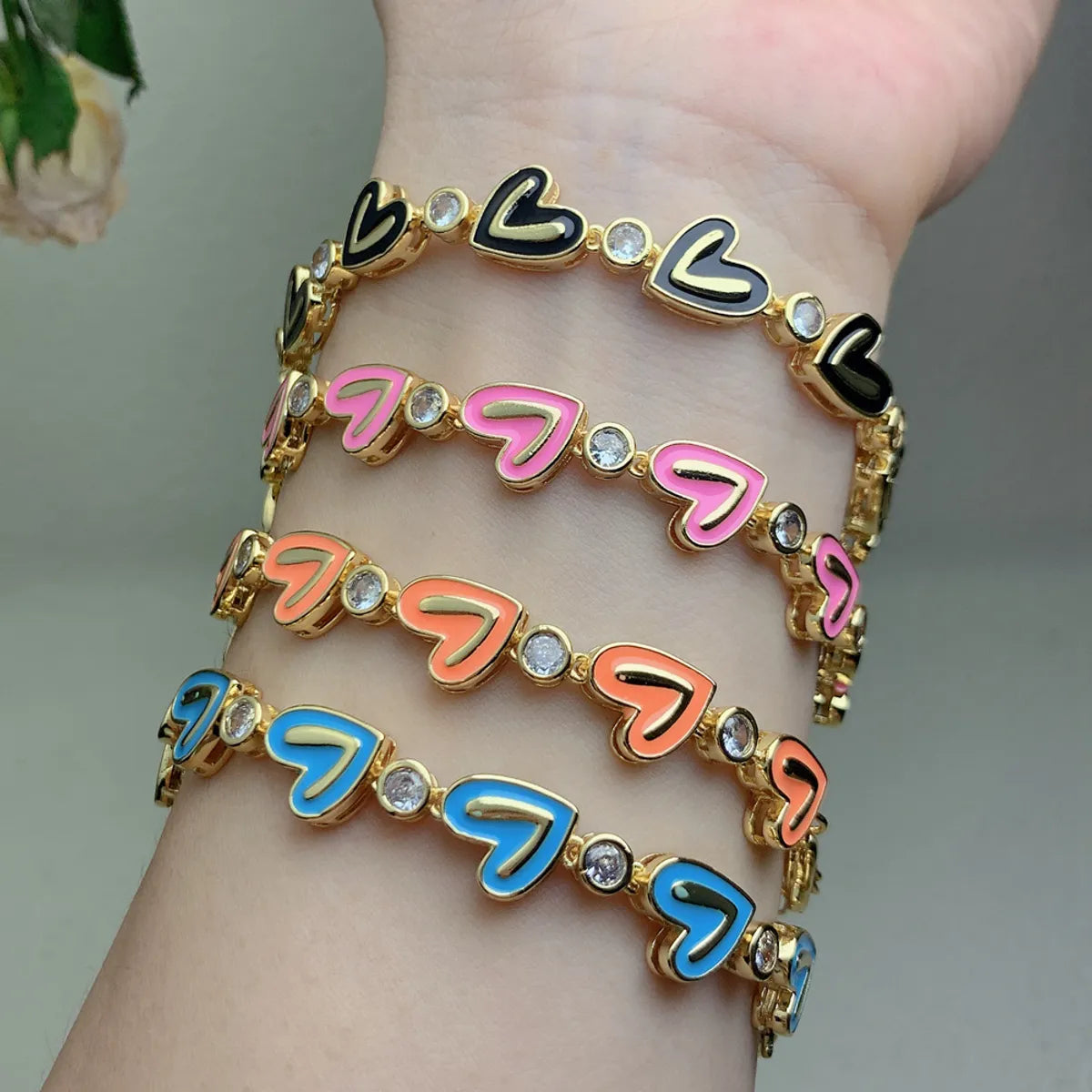 Ethnic Style Heart Shape Copper Enamel Plating Inlay Zircon Bracelets 1 Piece