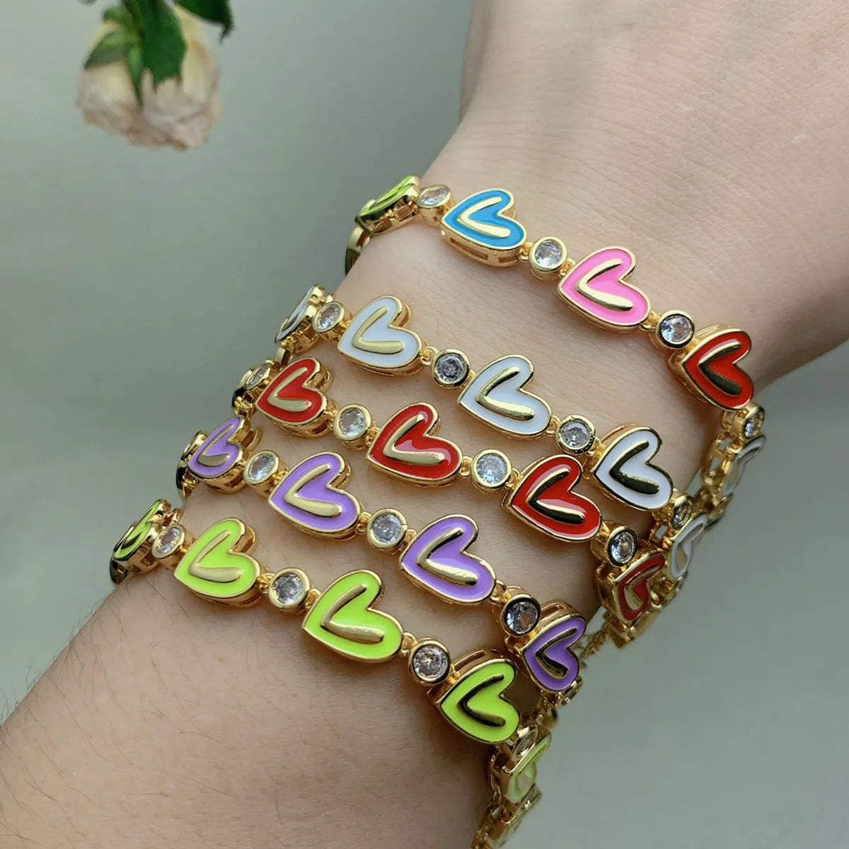 Ethnic Style Heart Shape Copper Enamel Plating Inlay Zircon Bracelets 1 Piece