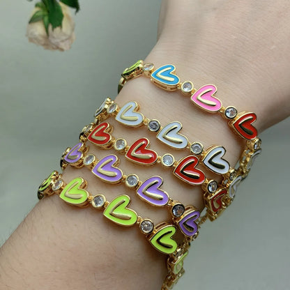 Ethnic Style Heart Shape Copper Enamel Plating Inlay Zircon Bracelets 1 Piece