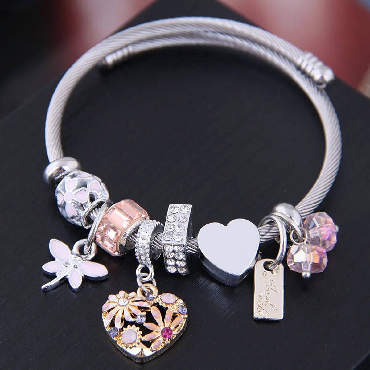 Ethnic Style Heart Shape Flower Stainless Steel Alloy Plating Inlay Rhinestones Bangle