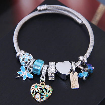 Ethnic Style Heart Shape Flower Stainless Steel Alloy Plating Inlay Rhinestones Bangle