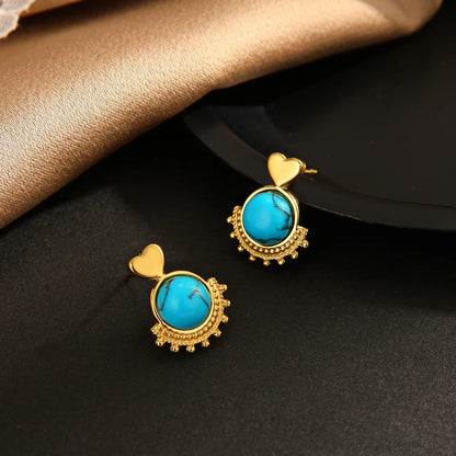 Ethnic Style Heart Shape Stainless Steel Inlay Turquoise Drop Earrings 1 Pair