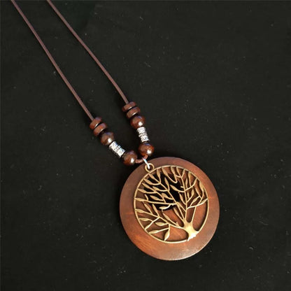 Ethnic Style Leaf Owl Flower Wood Wholesale Pendant Necklace