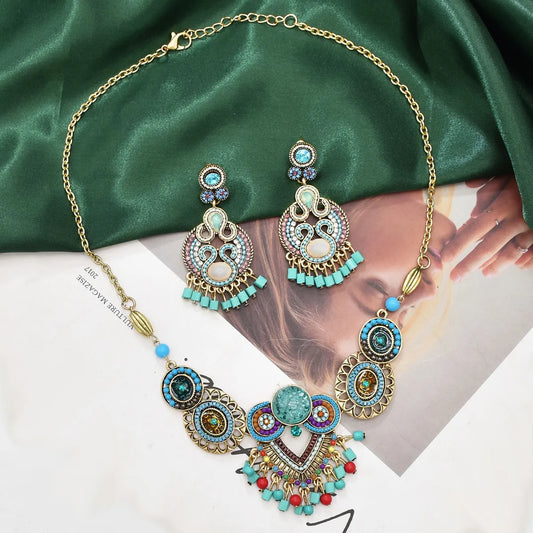 Ethnic Style Oval Beaded Alloy Turquoise Inlay Rhinestones Women's Earrings Necklace