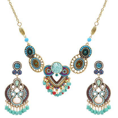 Ethnic Style Oval Beaded Alloy Turquoise Inlay Rhinestones Women's Earrings Necklace