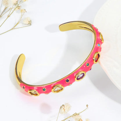 Ethnic Style Oval Copper Enamel Zircon Bangle 1 Piece