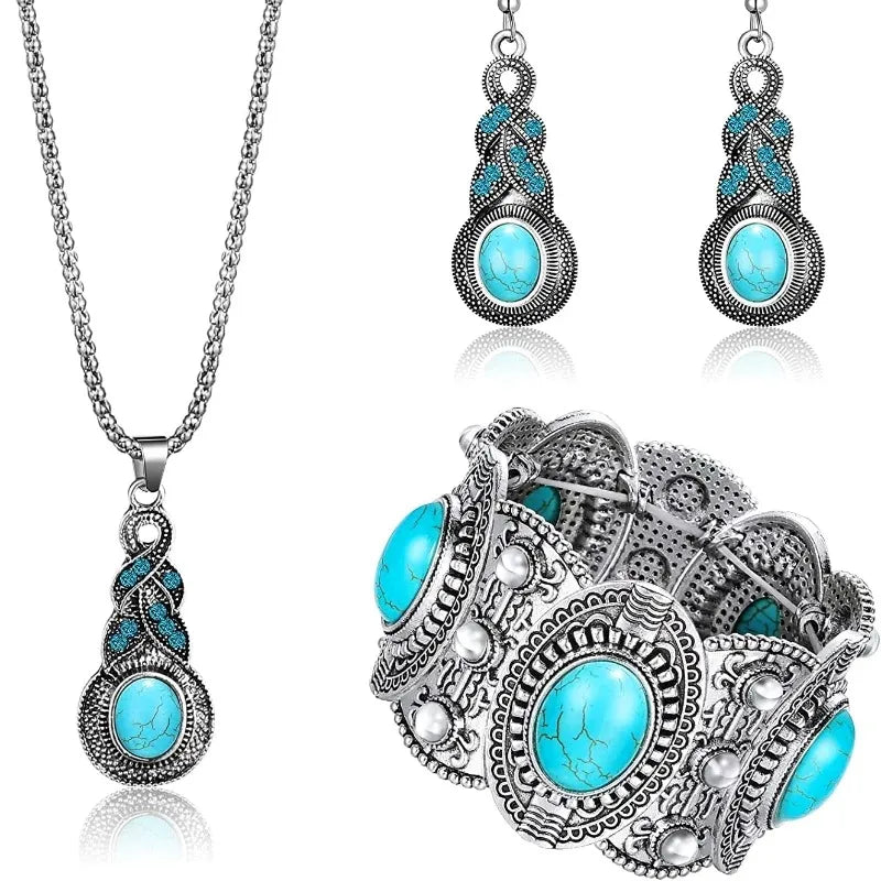 Ethnic Style Oval Water Droplets Alloy Inlay Turquoise Women'S Bracelets Earrings Necklace