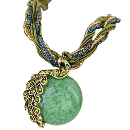 Ethnic Style Peacock Alloy Resin Seed Bead Plating Inlay Gem Women's Pendant Necklace