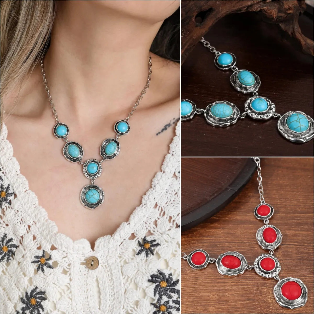 Ethnic Style Round Arylic Alloy Inlay Turquoise Women'S Pendant Necklace