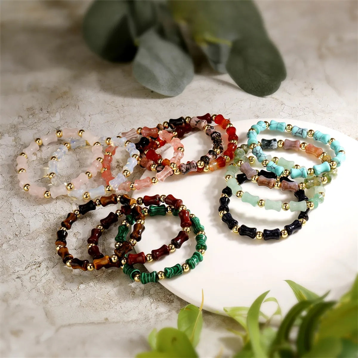 Ethnic Style Round Bamboo Natural Stone Beaded Unisex Bracelets