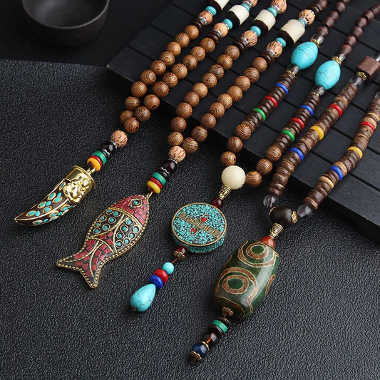 Ethnic Style Round Fish Alloy Wood Beaded Plating Unisex Pendant Necklace 1 Piece