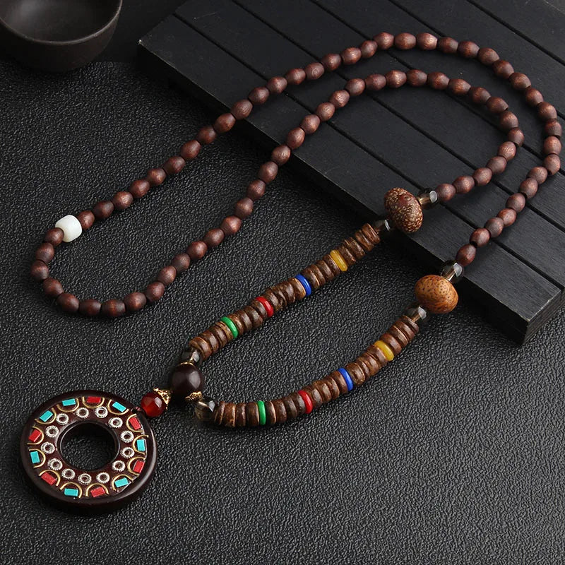 Ethnic Style Round Fish Alloy Wood Beaded Plating Unisex Pendant Necklace 1 Piece