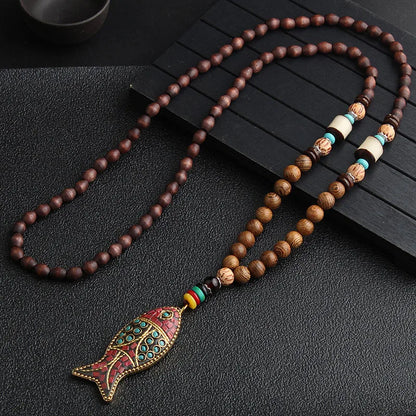 Ethnic Style Round Fish Alloy Wood Beaded Plating Unisex Pendant Necklace 1 Piece