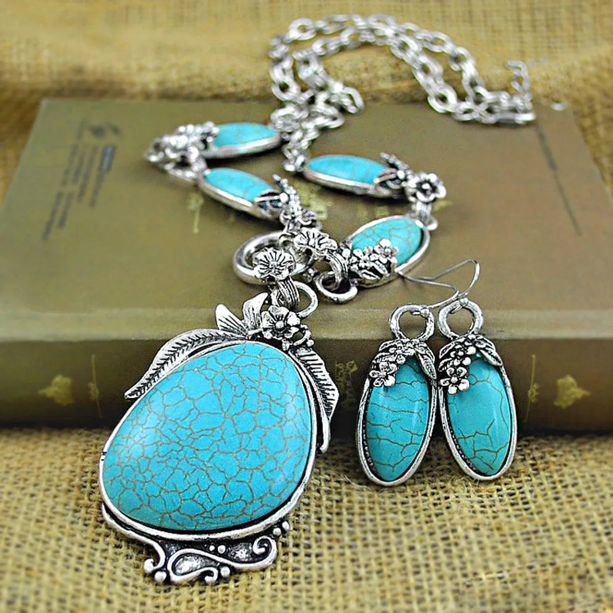 Ethnic Style Round Metal Inlay Turquoise Women'S Jewelry Set