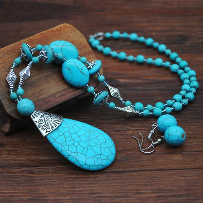 Ethnic Style Round Metal Inlay Turquoise Women'S Jewelry Set