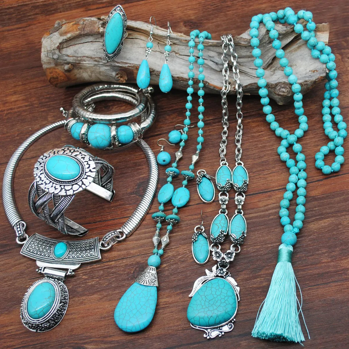 Ethnic Style Round Metal Inlay Turquoise Women'S Jewelry Set