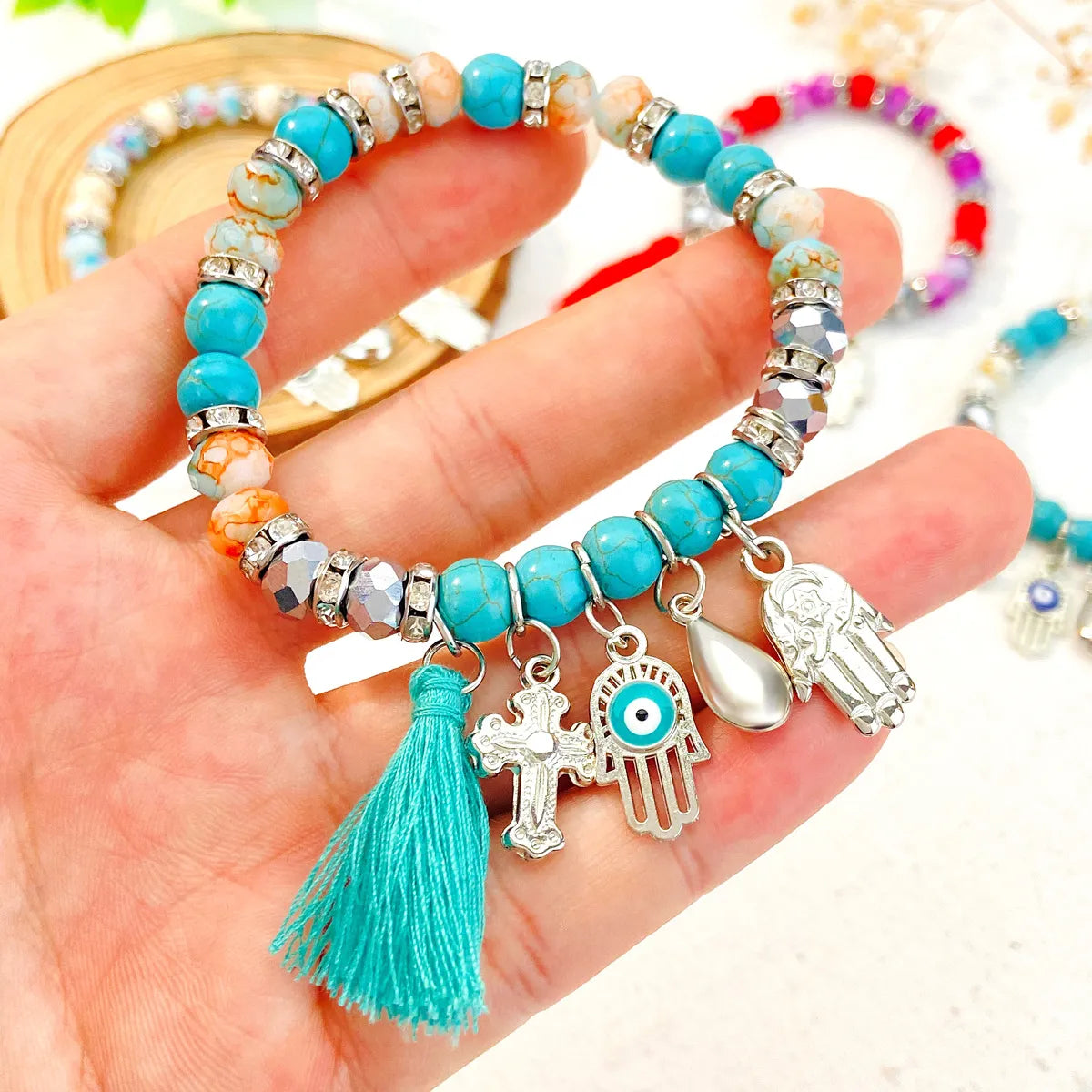 Ethnic Style Simple Style Classic Style Cross Devil's Eye Palm Alloy Natural Stone Beaded Tassel Inlay Rhinestones Unisex Bracelets