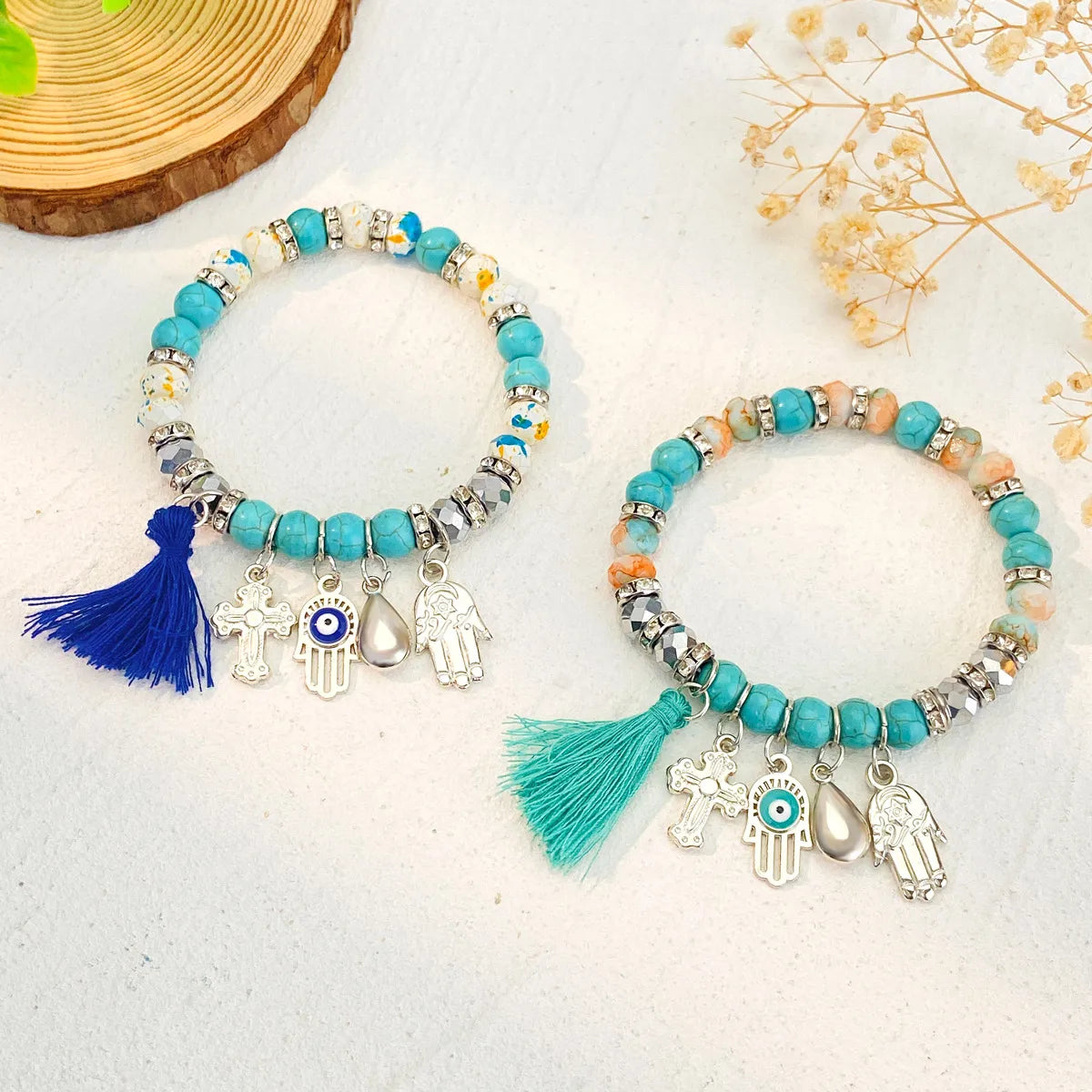 Ethnic Style Simple Style Classic Style Cross Devil's Eye Palm Alloy Natural Stone Beaded Tassel Inlay Rhinestones Unisex Bracelets