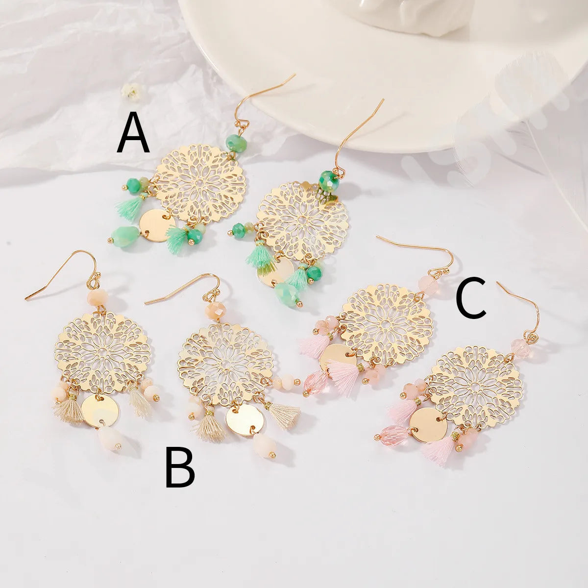 Ethnic Style Simple Style Dreamcatcher Artificial Crystal Copper Tassel Hollow Out Women's Drop Earrings