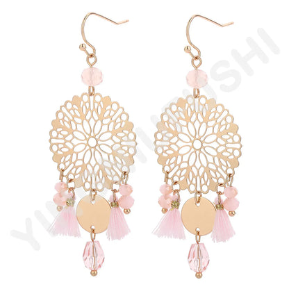 Ethnic Style Simple Style Dreamcatcher Artificial Crystal Copper Tassel Hollow Out Women's Drop Earrings