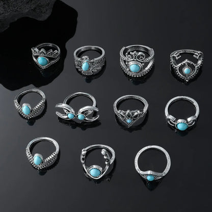 Ethnic Style Simple Style Geometric Crown Rhombus Alloy Plating Inlay Turquoise Women'S Rings