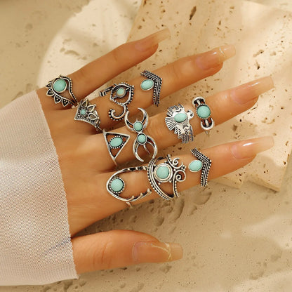 Ethnic Style Simple Style Geometric Crown Rhombus Alloy Plating Inlay Turquoise Women'S Rings