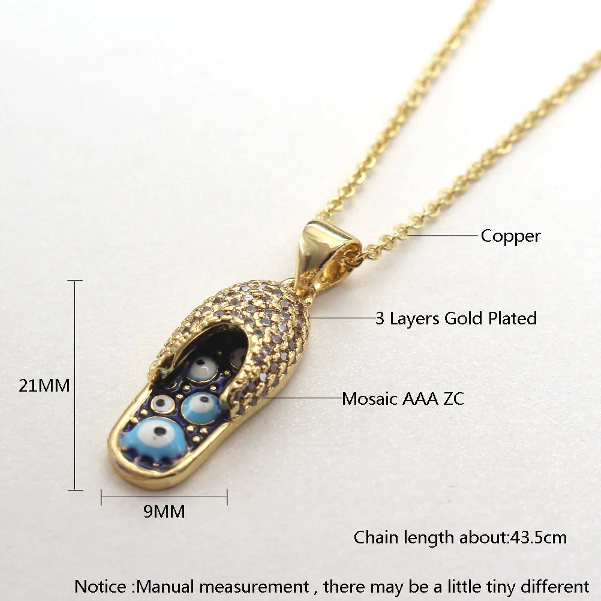 Ethnic Style Slippers Eye Copper Inlay Zircon 18k Gold Plated Pendant Necklace