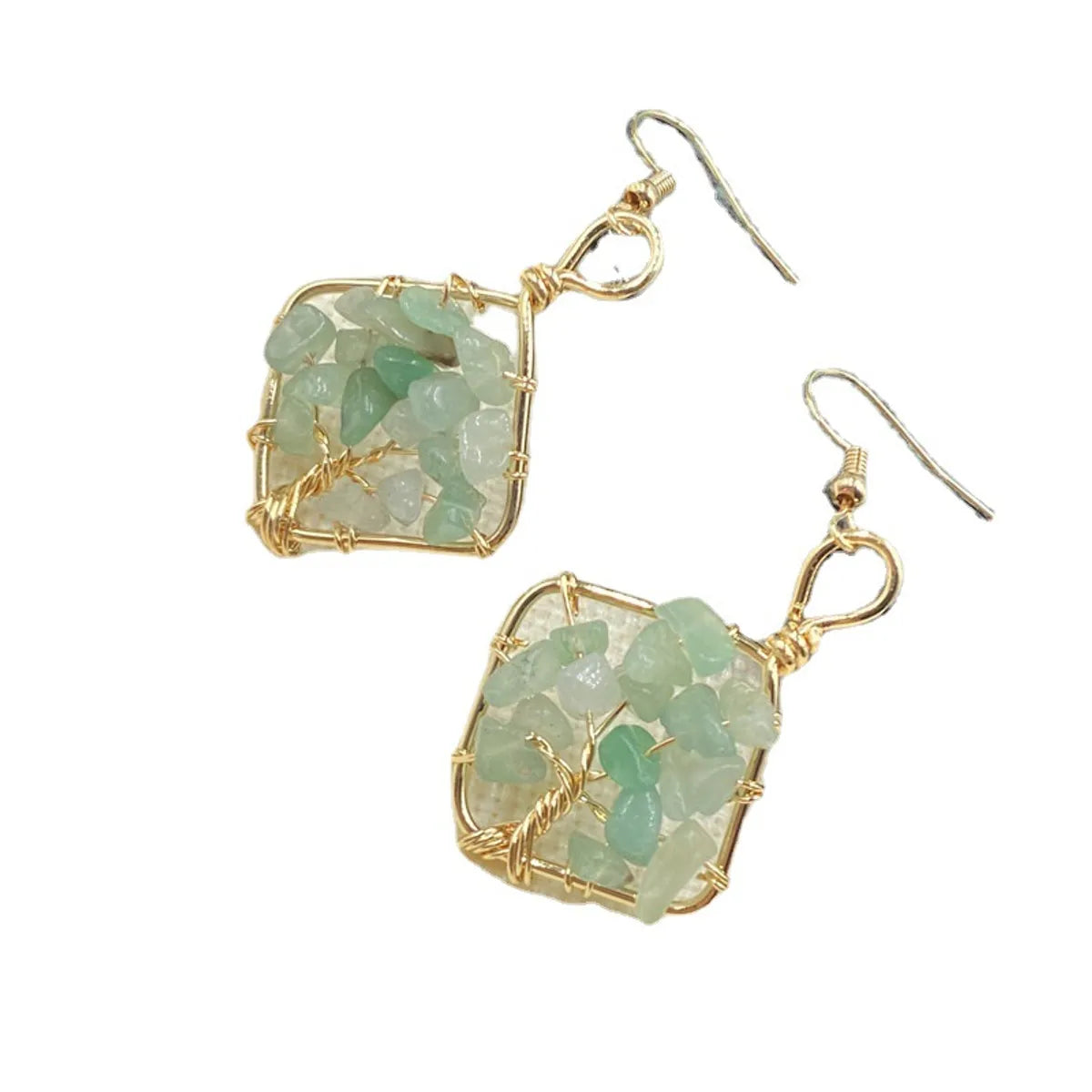 Ethnic Style Square Oval Lucky Tree Natural Stone Polishing Drop Earrings 1 Pair