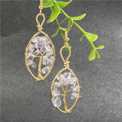 Ethnic Style Square Oval Lucky Tree Natural Stone Polishing Drop Earrings 1 Pair