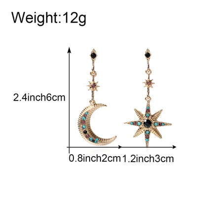 Ethnic Style Star Moon Alloy Inlay Turquoise Rhinestones Drop Earrings