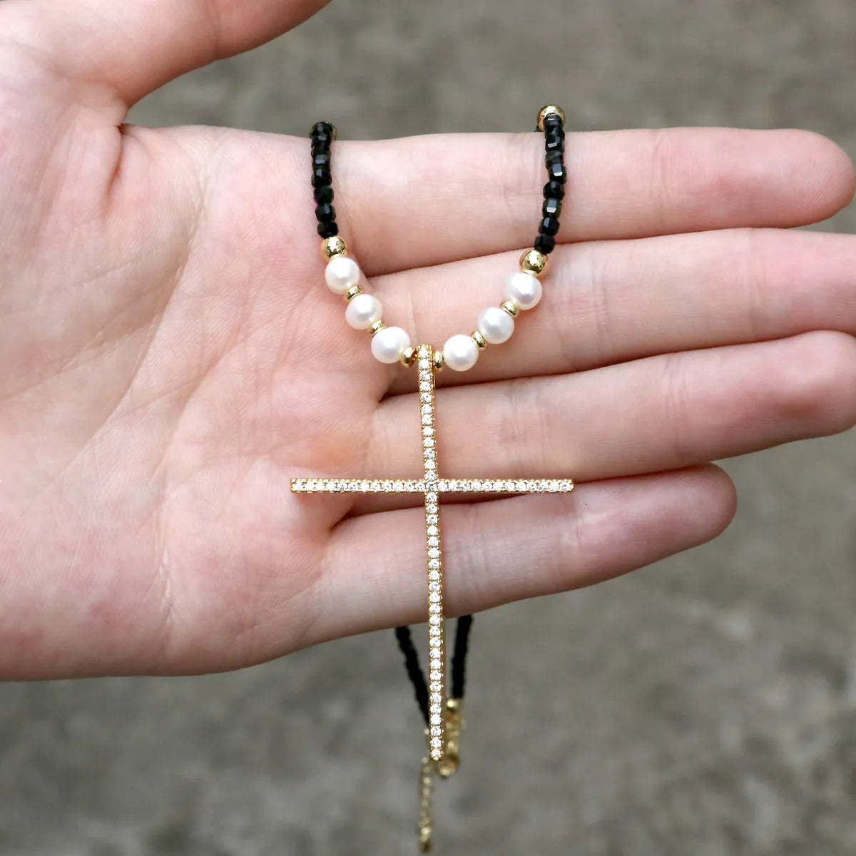 Ethnic Style Streetwear Cross Freshwater Pearl Beaded Plating Inlay Zircon Pendant Necklace