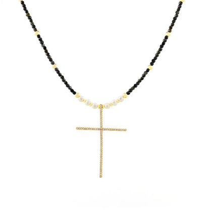 Ethnic Style Streetwear Cross Freshwater Pearl Beaded Plating Inlay Zircon Pendant Necklace