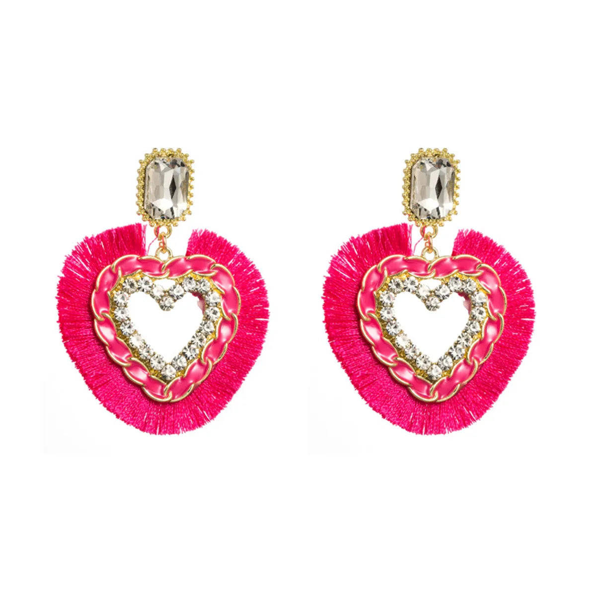 Ethnic Style Tassel Heart Shape Alloy Rhinestone Women's Drop Earrings 1 Pair