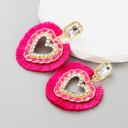 Ethnic Style Tassel Heart Shape Alloy Rhinestone Women's Drop Earrings 1 Pair