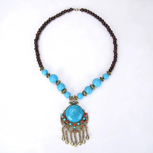 Ethnic Style Water Droplets Alloy Beaded Tassel Inlay Resin Women'S Pendant Necklace Long Necklace