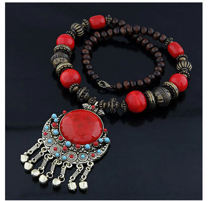 Ethnic Style Water Droplets Alloy Beaded Tassel Inlay Resin Women'S Pendant Necklace Long Necklace