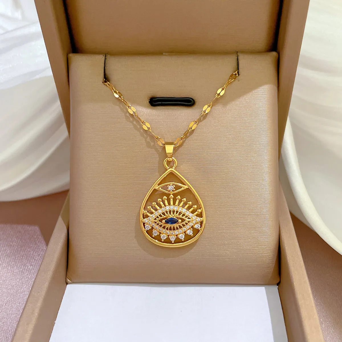 Wholesale Jewelry Ethnic Style Water Droplets Eye Titanium Steel Copper Zircon Plating Hollow Out Inlay Pendant Necklace