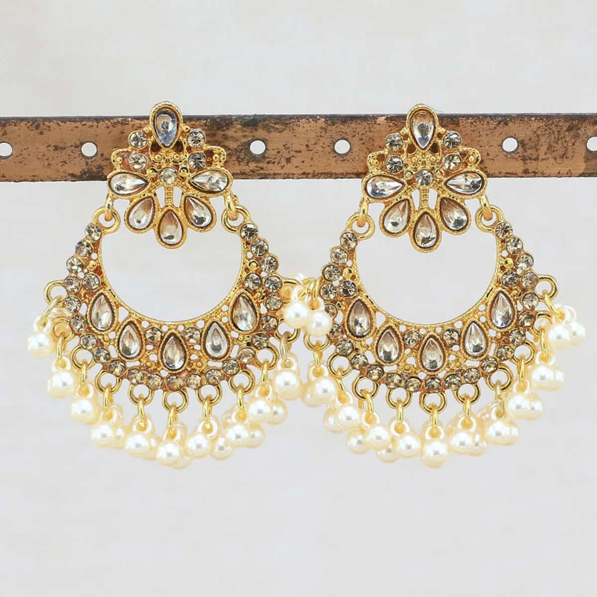 Ethnic Style Water Droplets Imitation Pearl Alloy Inlay Rhinestones Women's Chandelier Earrings