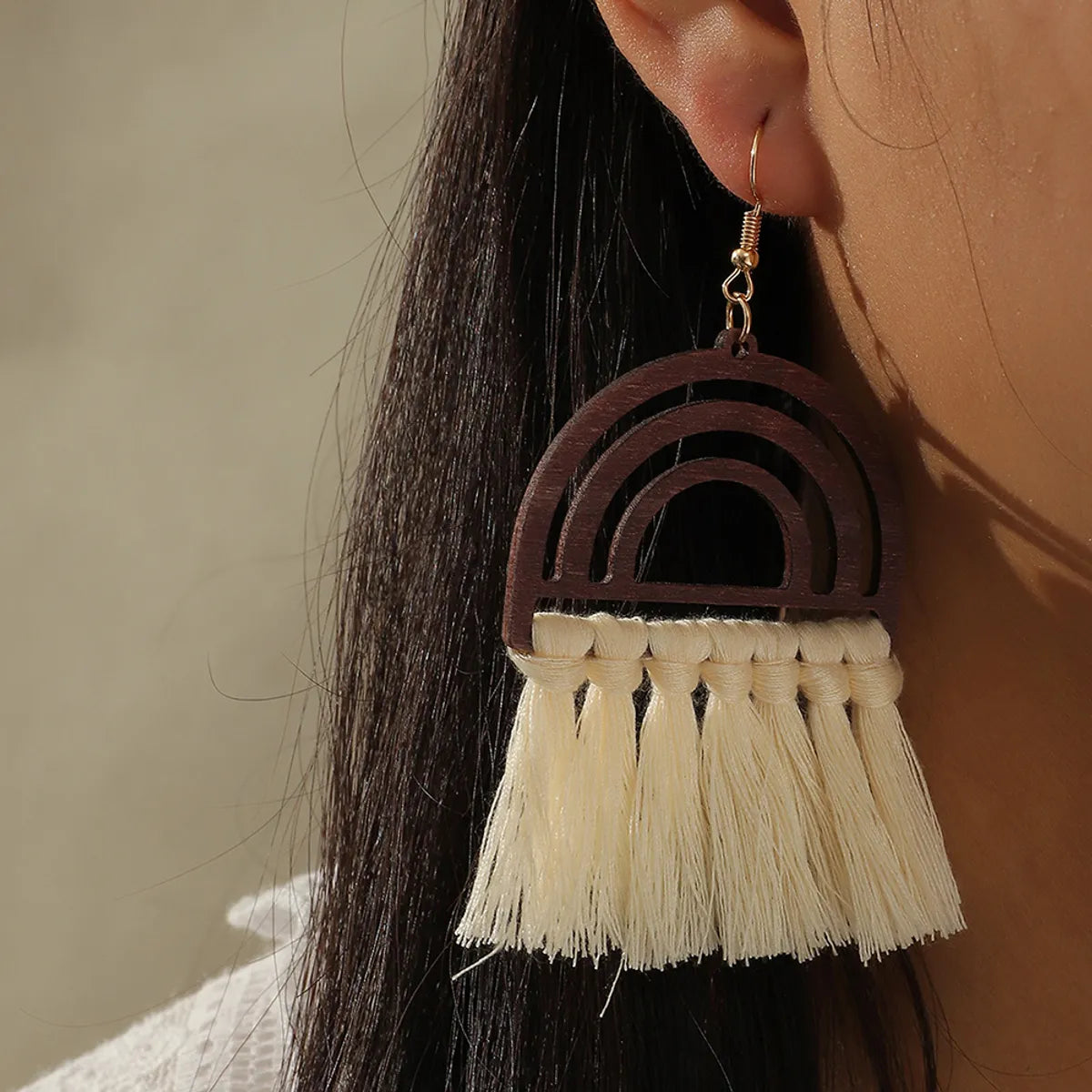 Ethnic Style Wooden Rainbow Tassel Cotton Earrings Wholesale Nihaojewelry