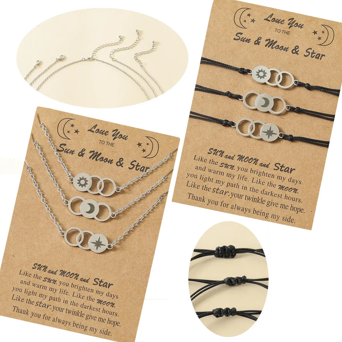 Europe And America Creative Stainless Steel Circle Laser Sun Moon Star Card Necklace Bracelet Set