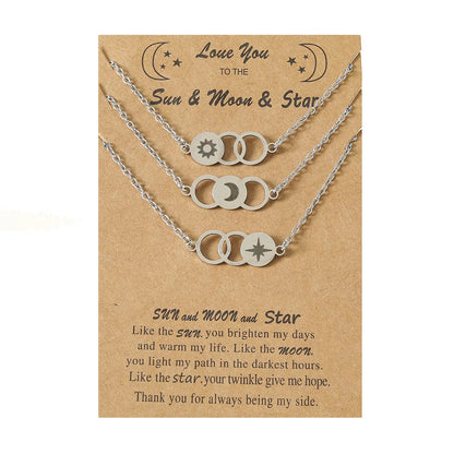 Europe And America Creative Stainless Steel Circle Laser Sun Moon Star Card Necklace Bracelet Set