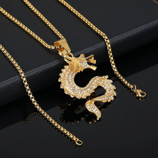 Europe And America Cross Border Hip Hop New Arrival Twelve Zodiac Dragon Pendant Chinese Style Gold-Plated Full Diamond Pendant Men's And Women's Sweater Chains