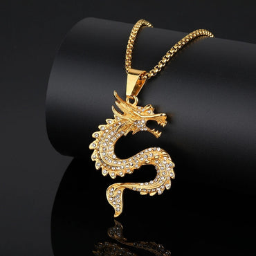 Europe And America Cross Border Hip Hop New Arrival Twelve Zodiac Dragon Pendant Chinese Style Gold-Plated Full Diamond Pendant Men's And Women's Sweater Chains