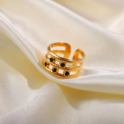 European And American 18k Gold-plated Stainless Steel 5 Black Diamonds Three-layer Open Ring Fashion Jewelry