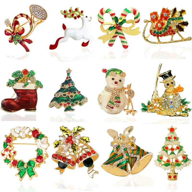 Christmas Brooch Crutches Elk Snowflake Snowman Christmas Tree Wreath Bell Boots Pin Corsage Hot Sale