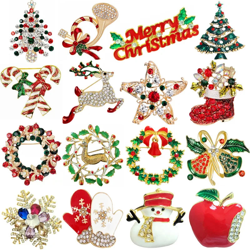 Christmas Brooch Crutches Elk Snowflake Snowman Christmas Tree Wreath Bell Boots Pin Corsage Hot Sale