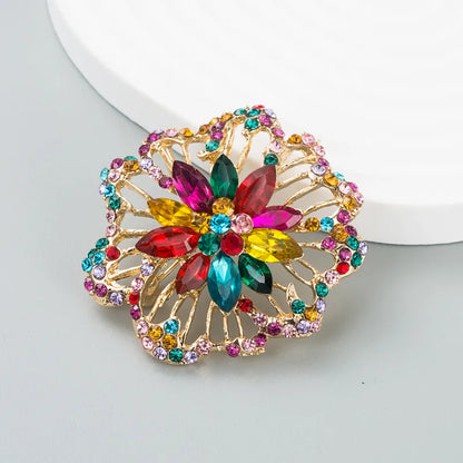 European And American Creative Fashion Color Rhinestone Alloy Hollow Flower Brooch