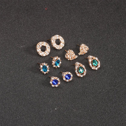 European And American Diamond Drop Round Oval Love Rhinestone Stud Earrings 5 Pairs Set