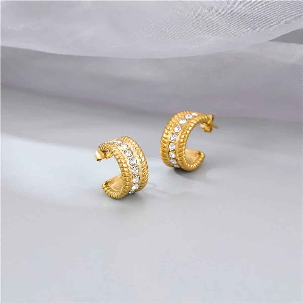 1 Pair Vintage Style Simple Style C Shape Plating Inlay Stainless Steel Rhinestones Gold Plated Ear Studs